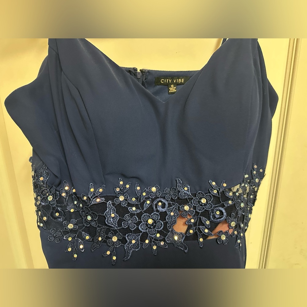 Formal Dress in Navy Blue with Floral Embellishments, Size 16 (Juniors) - Picture 4 of 4